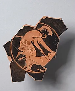 Fragmentary Red-Figure Kylix (Drinking Cup): Warrior Sacrificing Ram by Unknown Artist