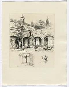 Frédéric Mistral: Mémoires et Recits by Frédéric Mistral: figures in a cloister/ crucifix and bust of a man (insert after p. 56) by Auguste Brouet (French, 1872–1941)