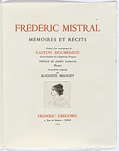 Frédéric Mistral: Mémoires et Recits by Frédéric Mistral: title page, bust of woman in profile by Auguste Brouet (French, 1872–1941)