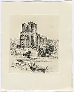 Frédéric Mistral: Mémoires et Recits by Frédéric Mistral: Romanesque church and figures/ man in boat (insert after p. 168) by Auguste Brouet (French, 1872–1941)
