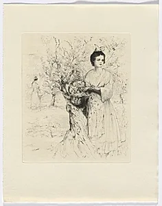 Frédéric Mistral: Mémoires et Recits by Frédéric Mistral: woman outside with a basket of flowers (insert after p. 192) by Auguste Brouet (French, 1872–1941)
