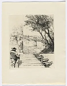 Frédéric Mistral: Mémoires et Recits by Frédéric Mistral: figures on a pier (insert after p.216) by Auguste Brouet (French, 1872–1941)