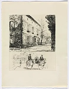 Frédéric Mistral: Mémoires et Recits by Frédéric Mistral: building/ figures on horse (insert after p. 224) by Auguste Brouet (French, 1872–1941)