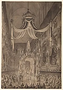 Funeral for Marie-Thérèse of Spain, Dauphine of France, in the Church of Nôtre Dame, Paris, on November 24, 1746 by Charles-Nicolas Cochin (French, 1715–1790)