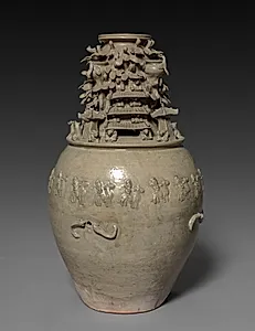 Funerary Urn (Hunping) with Figures, Pavilions, and Birds by Unknown Artist