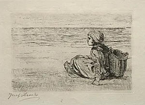 Girl with basket seated on the shore by Jozef Israëls (Dutch, 1824–1911)