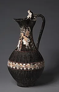 Gnathian Ribbed Oinochoe (Wine Jug): Masks, Dancer, and Flute-Player by Unknown Artist