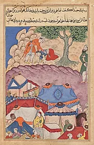Habbaza meets Bashir under a tree, from a Tuti-nama (Tales of a Parrot): Twenty-fourth Night by Unknown Artist