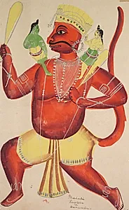 Hanuman with Rama and Lakshmana on his shoulders, from a Kalighat album by Unknown Artist