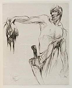 Herodias: Page 53, The head entered and mannaeus held it by the hair, at arm's length, proud from the applause by William Walcot (British, 1874–1943)