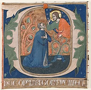 Historiated Initial (O) Excised from an Antiphonary: The Donor, Gorus Fucci, Kneels before Christ by Unknown Artist