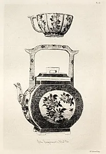 History of the Ceramic Art: A Descriptive and Philosophical Study of the Pottery of All Ages and All Nations: Japan: Artistic Decoration- Saucer with Rich Enamelled Ground, and Medallion Representing the Goddess Kouanin (Plate IV) by Jules Jacquemart (French, 1837–1880)