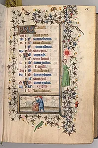 Hours of Charles the Noble, King of Navarre (1361-1425): fol. 8r, August by Master of the Brussels Initials and Associates (French)