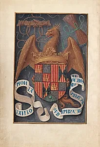 Hours of Queen Isabella the Catholic, Queen of Spain:  Fol. 1v, Arms and Mottoes of Isabel la Católica by Master of the First Prayerbook of Maximillian (Flemish, c. 1444–1519)