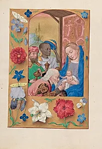 Hours of Queen Isabella the Catholic, Queen of Spain:  Fol. 136v, Adoration of the Magi by Master of the First Prayerbook of Maximillian (Flemish, c. 1444–1519)