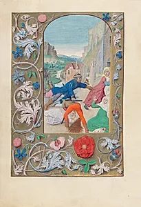 Hours of Queen Isabella the Catholic, Queen of Spain:  Fol. 146v, Massacre of the Innocents and Flight into Egypt by Master of the First Prayerbook of Maximillian (Flemish, c. 1444–1519)