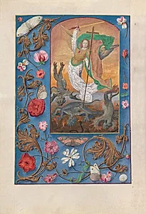 Hours of Queen Isabella the Catholic, Queen of Spain:  Fol. 167v, St. Michael by Master of the First Prayerbook of Maximillian (Flemish, c. 1444–1519)