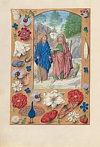 Hours of Queen Isabella the Catholic, Queen of Spain:  Fol. 175v, Saints Philip & James by Master of the First Prayerbook of Maximillian (Flemish, c. 1444–1519)