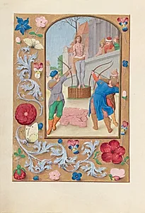 Hours of Queen Isabella the Catholic, Queen of Spain:  Fol. 177v, St. Sebastian by Master of the First Prayerbook of Maximillian (Flemish, c. 1444–1519)