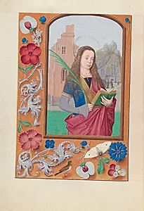 Hours of Queen Isabella the Catholic, Queen of Spain:  Fol. 191v, St. Barbara by Master of the First Prayerbook of Maximillian (Flemish, c. 1444–1519)