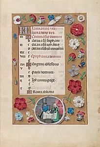 Hours of Queen Isabella the Catholic, Queen of Spain:  Fol. 2r, January - Feast by Master of the First Prayerbook of Maximillian (Flemish, c. 1444–1519)