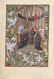 Hours of Queen Isabella the Catholic, Queen of Spain:  Fol. 219v, Funeral Service by Master of the First Prayerbook of Maximillian (Flemish, c. 1444–1519)