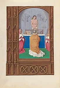 Hours of Queen Isabella the Catholic, Queen of Spain:  Fol. 264v, Mass of St. Gregory by Master of the First Prayerbook of Maximillian (Flemish, c. 1444–1519)