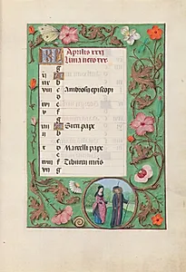 Hours of Queen Isabella the Catholic, Queen of Spain:  Fol. 5r, April - Squire and Damsel by Master of the First Prayerbook of Maximillian (Flemish, c. 1444–1519)