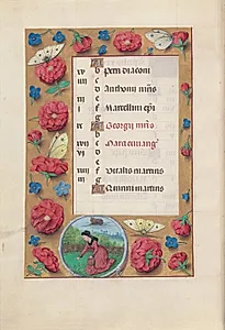 Hours of Queen Isabella the Catholic, Queen of Spain:  Fol. 5v, April by Master of the First Prayerbook of Maximillian (Flemish, c. 1444–1519)