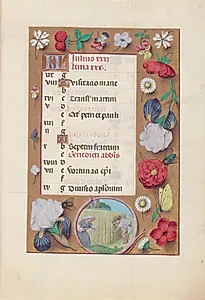 Hours of Queen Isabella the Catholic, Queen of Spain:  Fol. 8r, July - Harvesting Wheat by Master of the First Prayerbook of Maximillian (Flemish, c. 1444–1519)