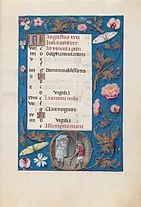 Hours of Queen Isabella the Catholic, Queen of Spain:  Fol. 9r, August - Threshing Wheat by Master of the First Prayerbook of Maximillian (Flemish, c. 1444–1519)