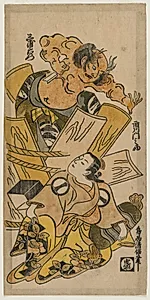 Ichikawa Monnosuke as a Courtesan and Nakajima Mioemon Bursting Out of a Barrel by Torii Kiyomasu (Japanese)