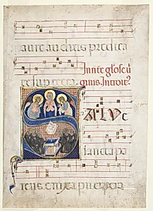 Initial S[alve sancta parens] with the Virgin Adored by Angels, and Singing Benedictine Monks:  Single Leaf from a Gradual by Unknown Artist