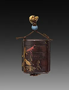 Inro with Shrine Gate and Figure Shooting Bird by Unknown Artist