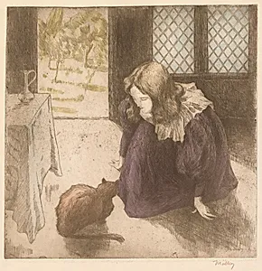 Interior, Little Girl with Cat (La Petite fille au chat) by Alfredo Müller (Italian, 1869–1940)
