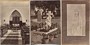 Interior of Church, Neemuch (recto, right); Grave of Dr. Falwasser, Neemuch (recto, left); Indian Lady 250 BC (verso, right) by Raja Deen Dayal (Indian, 1844–1905)