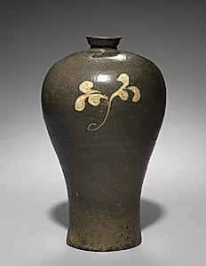 Iron-glazed Prunus Vase with Inlaid Floral Design by Unknown Artist
