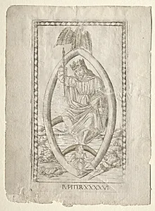 Jupiter (from the Tarocchi, series A:  Firmaments of the Universe, #46) by Master of the E-Series Tarocchi (Italian, 15th century)