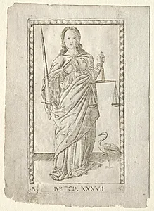Justice (from the Tarocchi, series B: Cosmic Principles & Virtues, #37) by Master of the E-Series Tarocchi (Italian, 15th century)