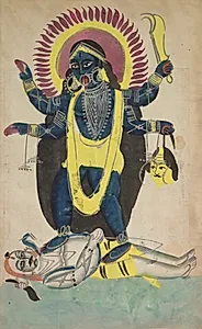 Kali Dancing on Shiva (recto), from a Kalighat album by Unknown Artist