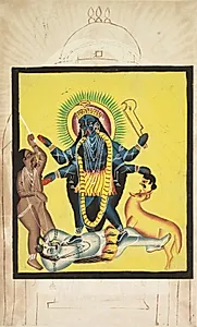 Kali Standing on Shiva (verso), from a Kalighat album by Unknown Artist