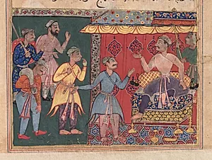 King Bhojaraja tries in vain to ascertain the whereabouts of the pearl from the four travelling companions, from a Tuti-nama (Tales of a Parrot): Twelfth Night by Unknown Artist
