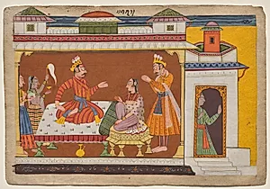 King Dasharatha sends his chief minister Sumantra to summon Rama, from the "Shangri" Ramayana by Unknown Artist