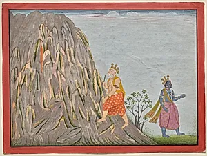 King Muchukunda Enters the Realm of Mount Gandhamadana to Attain Salvation, from the “Fifth Basohli Bhagavata Purana” by Fattu (Indian)