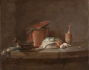 Kitchen Utensils with Leeks, Fish, and Eggs