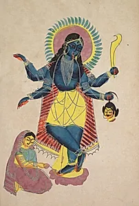 Krishna as Kali worshipped by Radha (recto), from a Kalighat album by Unknown Artist