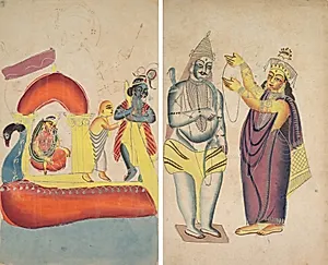 Krishna Ferrying Radha Across the Yamuna River (recto); Parivati Placing a Wedding Garland on Shiva (verso) by Unknown Artist