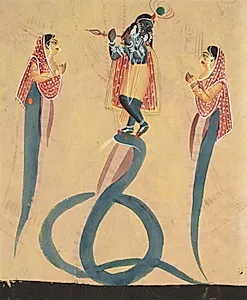 Krishna quells the serpent Kaliya (verso), from a Kalighat album by Unknown Artist
