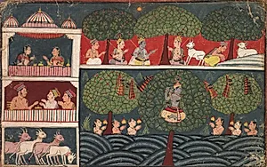 Krishna Steals the Clothes of the Milkmaids and Expounds on the Virtue of Trees, from a Braj Bhagavata Purana by Unknown Artist