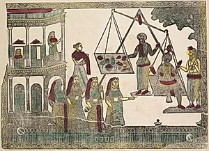Krishna weighed against precious objects(?) (verso), from a Kalighat album by Shri Gobinda Chandra Roy (Indian, active late 1800s)